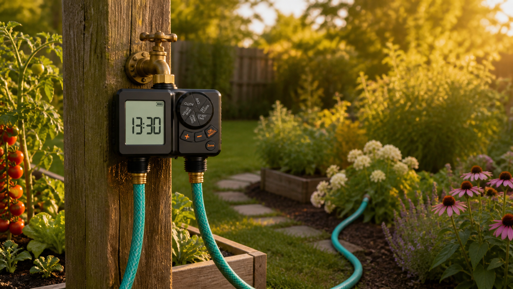 LoamX solar dual-zone smart water timer installed at a garden faucet with two watering paths